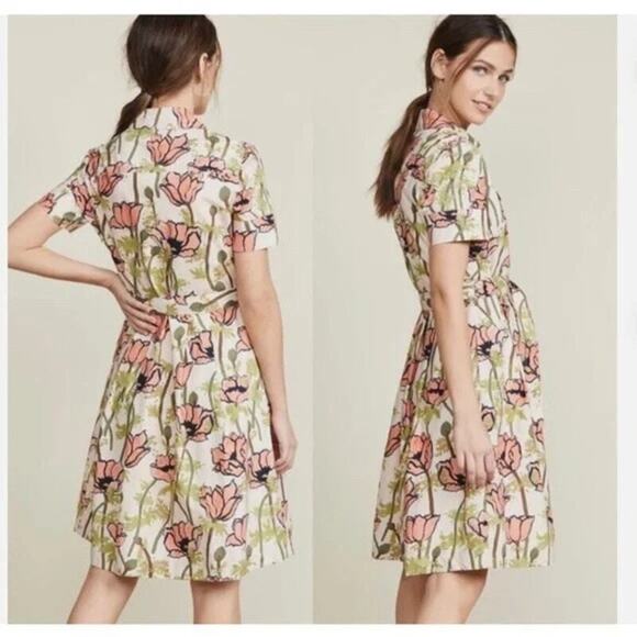 Tory Burch Derrick Poplin Shirt Dress in Pink Poppies Bloom - Picture 2 of 9